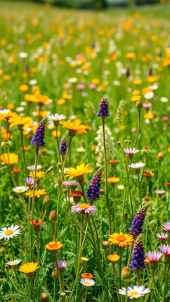 A vibrant wildflower meadow filled with various flowers in shades of yellow, purple, and white.