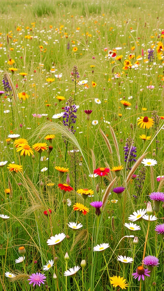 A vibrant wildflower meadow filled with various colorful flowers and green grass.