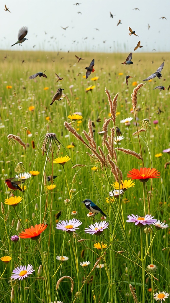 A vibrant wildflower meadow with colorful flowers and birds in flight.
