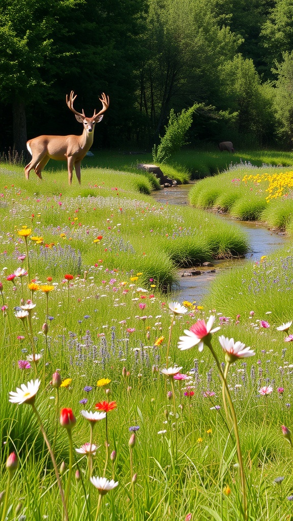 A deer standing in a colorful wildflower meadow with a stream.