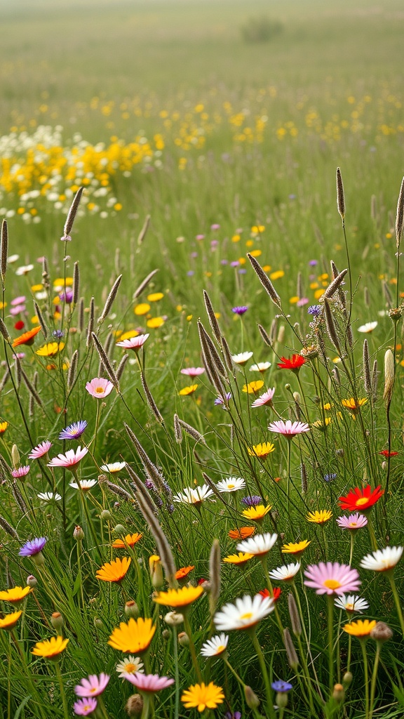 A colorful wildflower meadow with various flowers blooming in a green field.