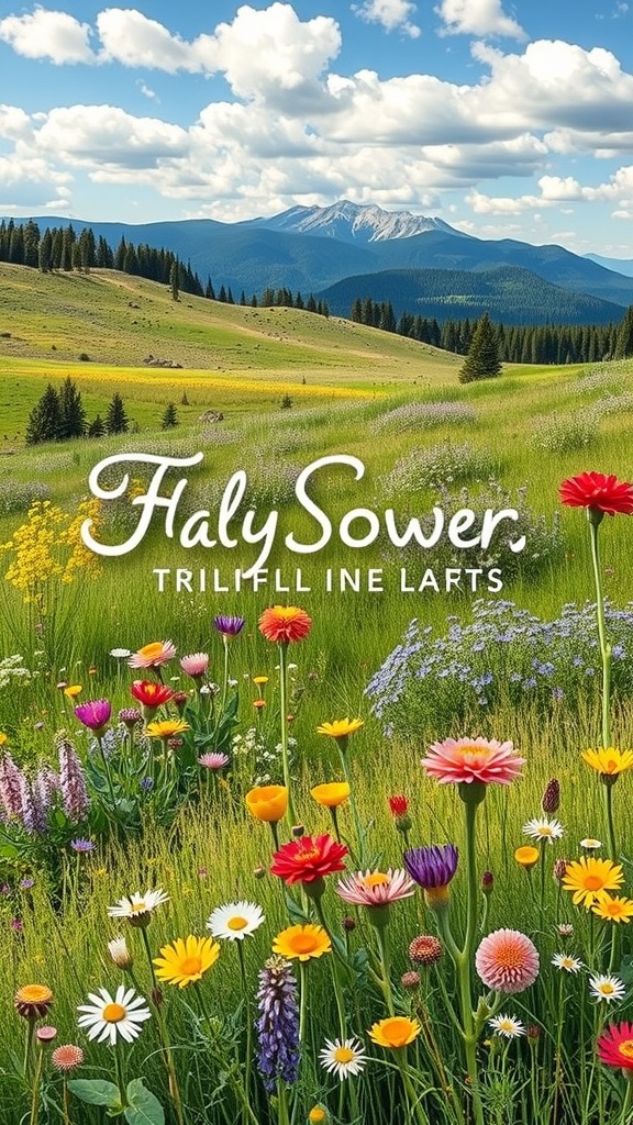 A vibrant wildflower meadow with colorful flowers and mountains in the background.