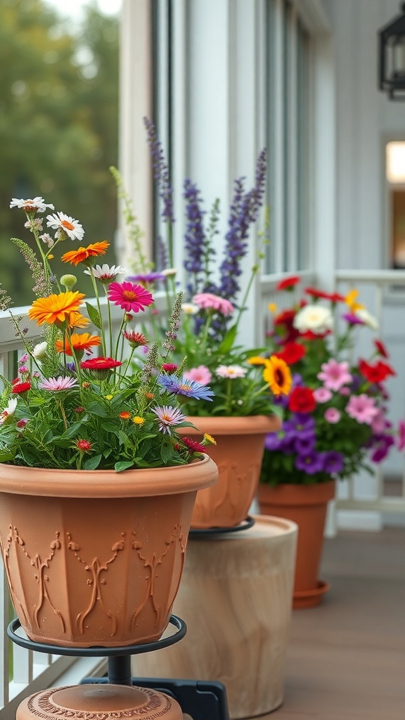 Colorful wildflowers in terracotta pots on a balcony