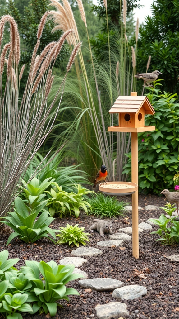 A wildlife-friendly garden featuring a birdhouse, various plants, and a small animal near a birdbath.
