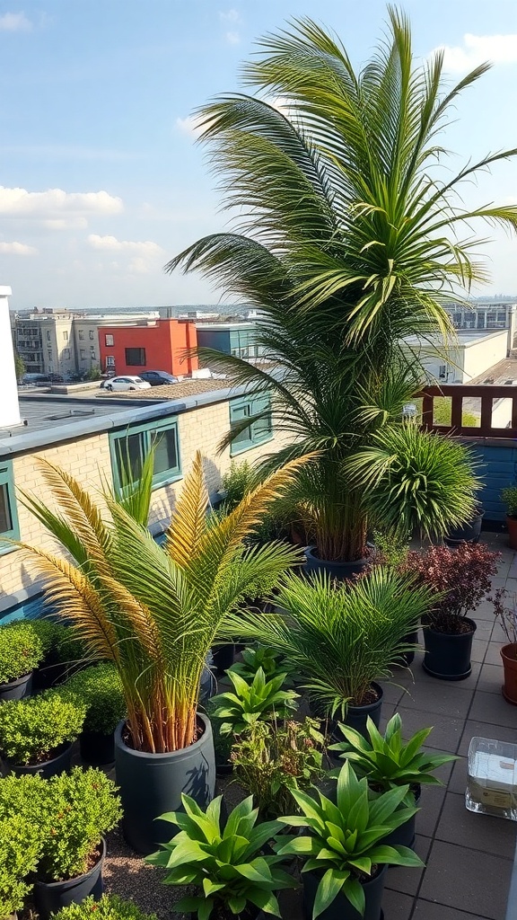 A rooftop garden filled with various potted plants, including tall palms and lush greenery, under a clear blue sky.