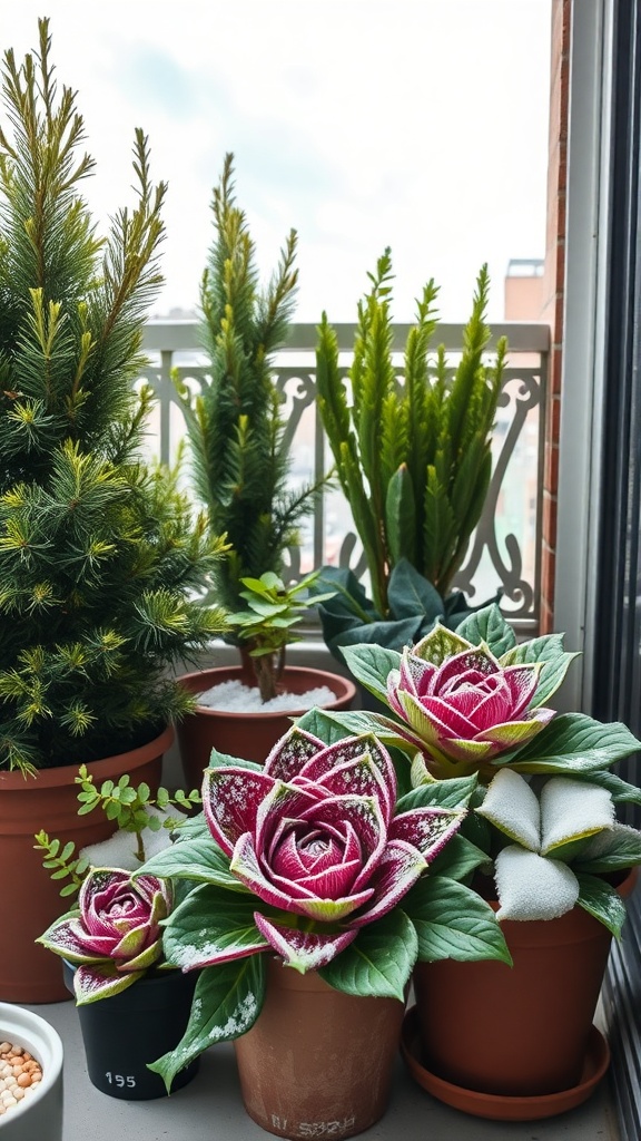 A winter balcony scene featuring colorful plants with a light dusting of snow, including evergreen trees and vibrant flowers in pots.