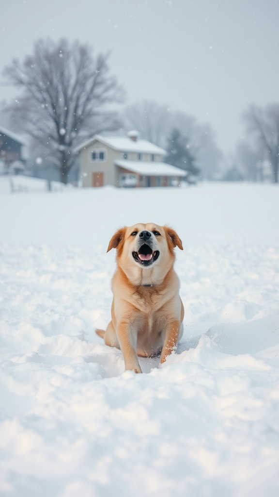 A happy dog playing in the snow with a house in the background.