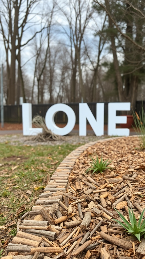 A garden border made of wood chips with a sign in the background