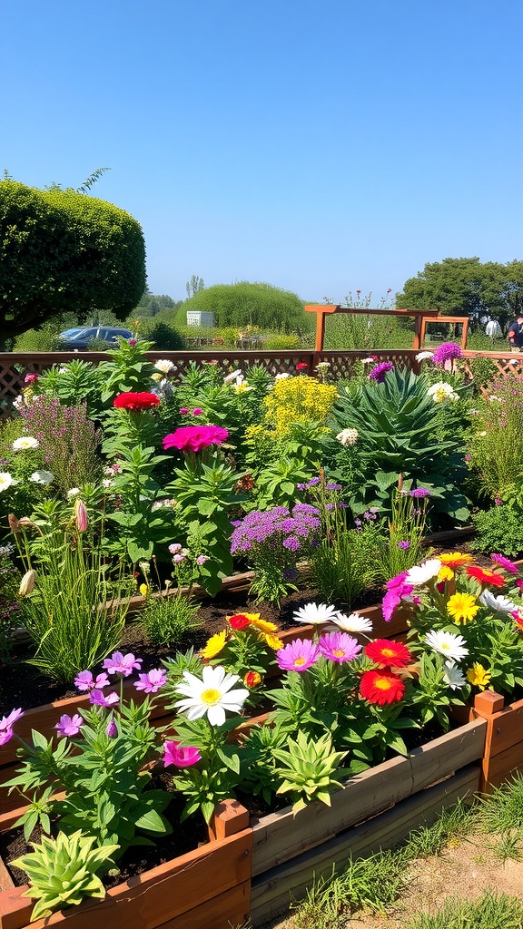 A vibrant flower bed with colorful flowers bordered by wooden edging under a clear blue sky.