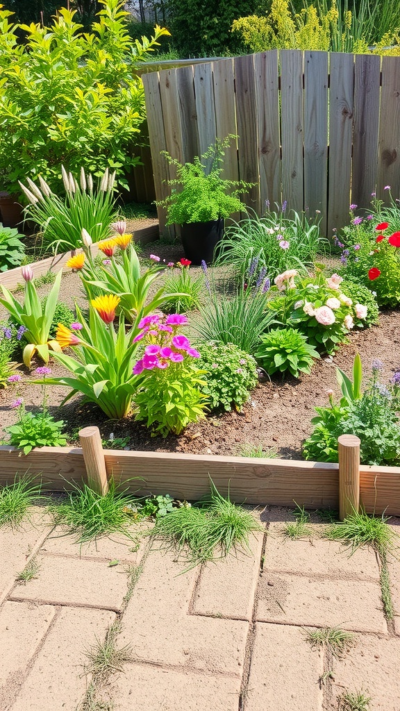 A garden with colorful flowers surrounded by wooden plank edging.