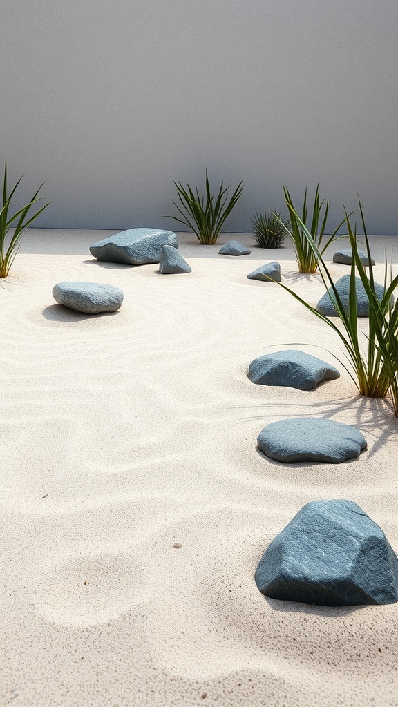 A serene Zen garden with smooth sand, blue rocks, and green plants.