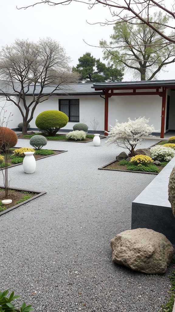 A serene Zen garden with flower arrangements, gravel paths, and carefully placed rocks.