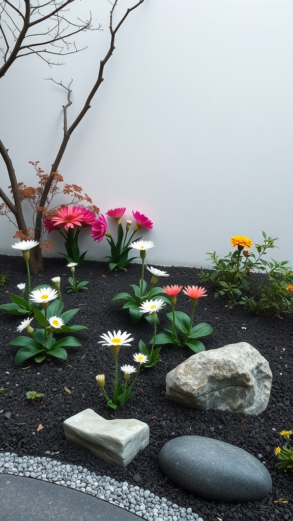 A Zen garden flower bed featuring colorful flowers, smooth stones, and dark soil.