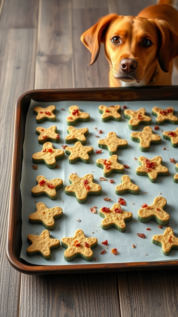 A tray of star-shaped dog treats made with zucchini and bacon, with a dog looking at them.