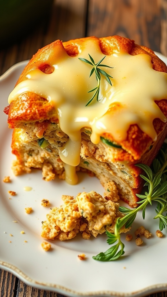 A slice of zucchini and cheese dog cake with melted cheese on top, served on a plate.