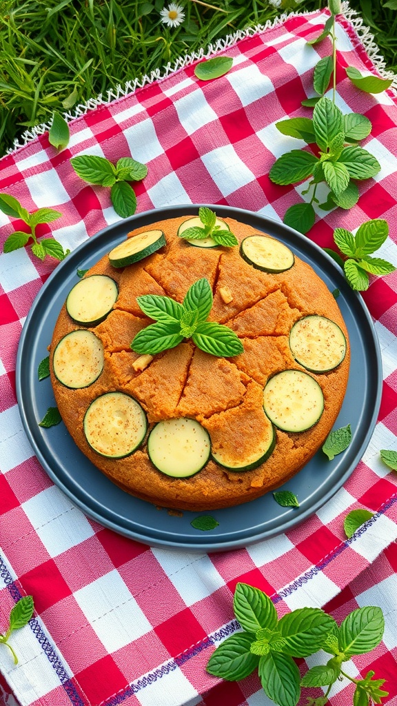 A zucchini and mint dog cake decorated with zucchini slices and mint leaves on a red and white checkered cloth.