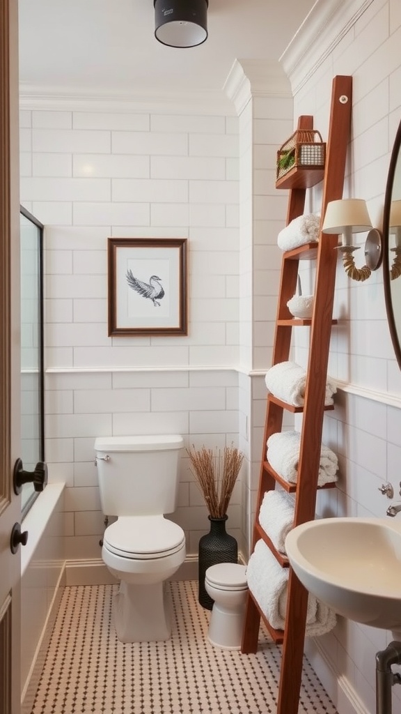 A bathroom featuring wooden ladder shelves with neatly stacked towels.