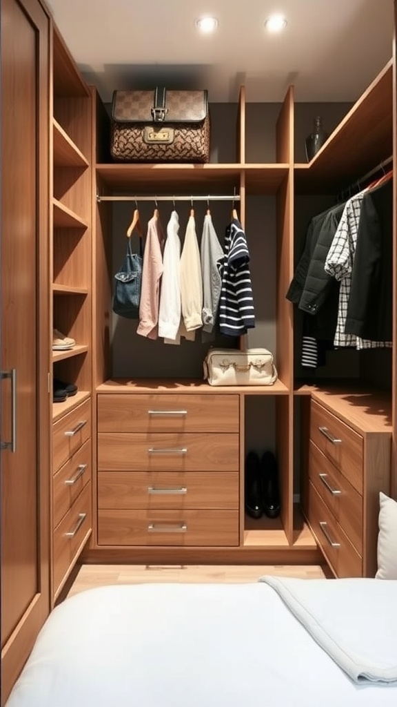 A well-organized built-in closet with shelves, hanging clothes, and drawers.