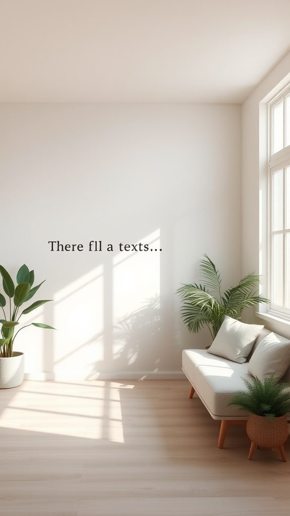 A bright, minimalist living room with a neutral color palette and plants.