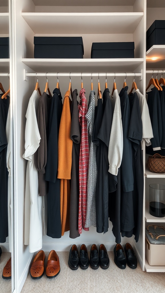 A neatly organized wardrobe with clothing items and shoes arranged in an appealing manner.