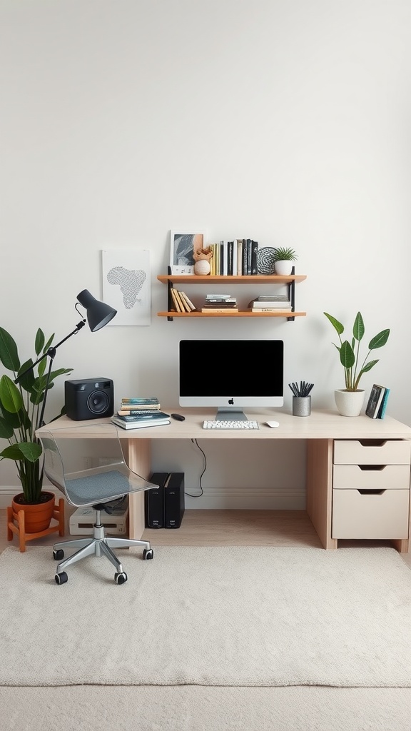A minimalist workspace featuring a desk, computer, plants, and books organized neatly.