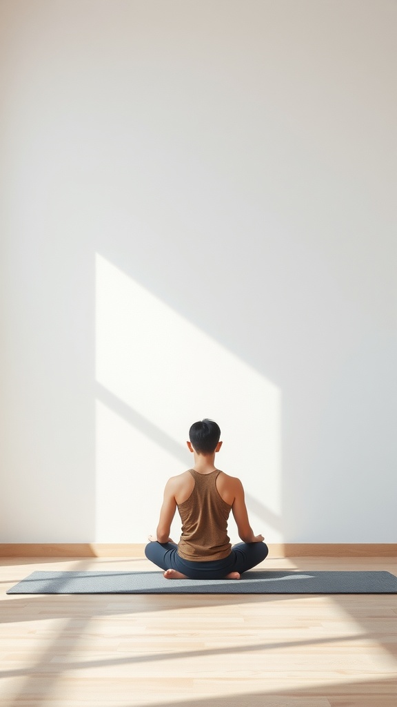 A person meditating on a mat in a spacious room with natural light.