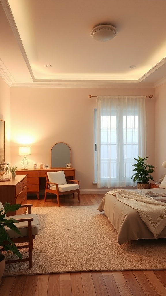 A peaceful and minimalistic bedroom with soft lighting and natural elements.