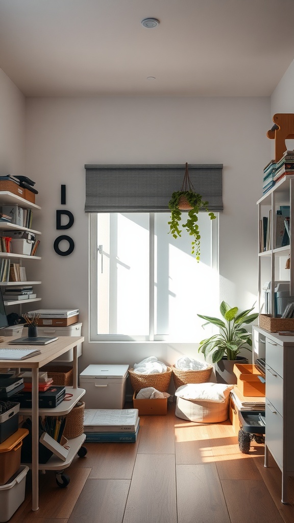 A cozy, minimalist home office with natural light, plants, and organized shelves.