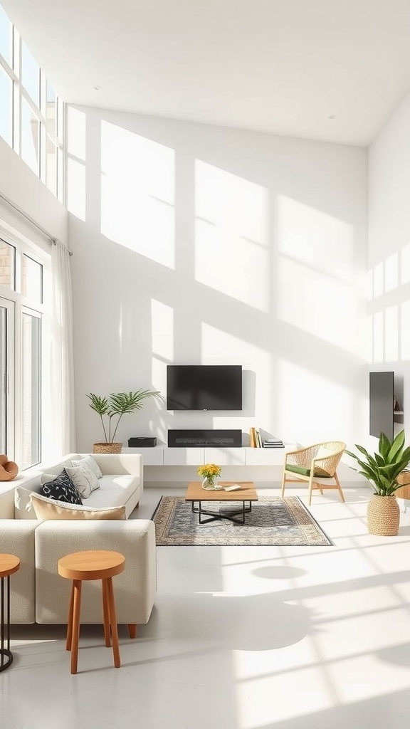 A bright, airy living room with minimal furniture and large windows.