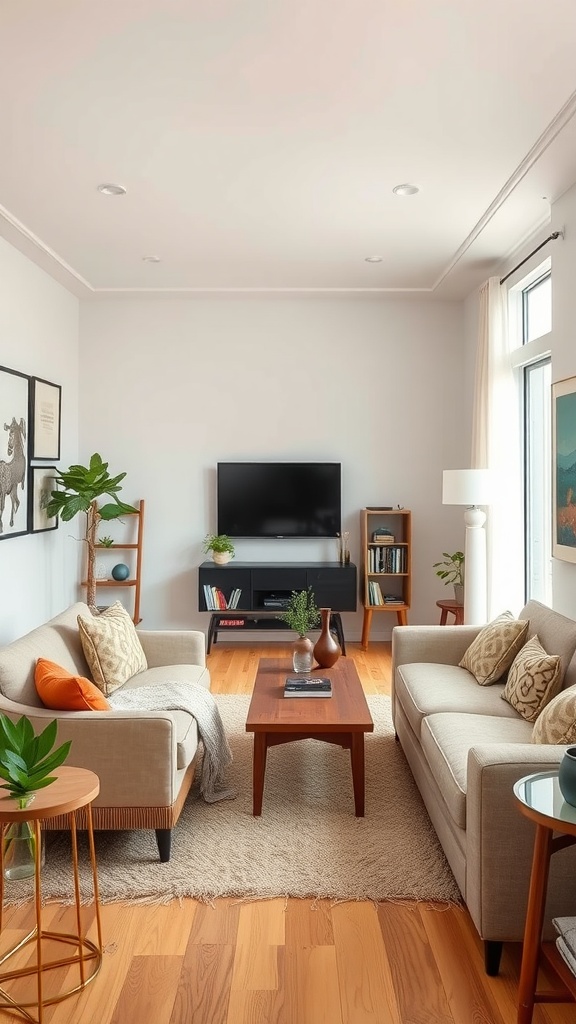 A minimalist living room featuring two couches, a coffee table, and decorative plants.