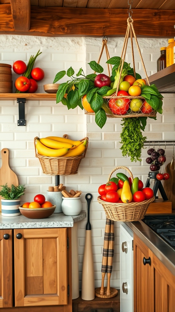A cozy kitchen featuring hanging fruit baskets filled with colorful fruits and vegetables.