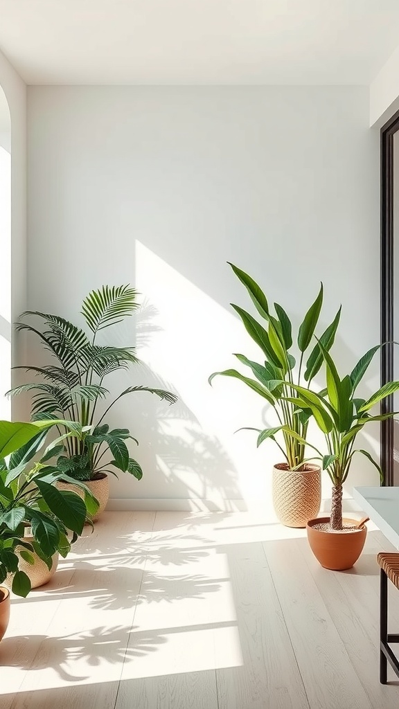 Bright and airy room with potted plants, showcasing natural elements in a minimalist home decor.