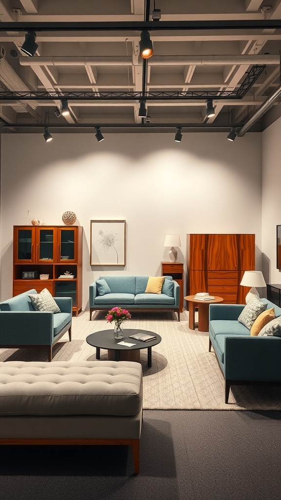 A minimalist living room featuring elegant furniture and a light ambiance