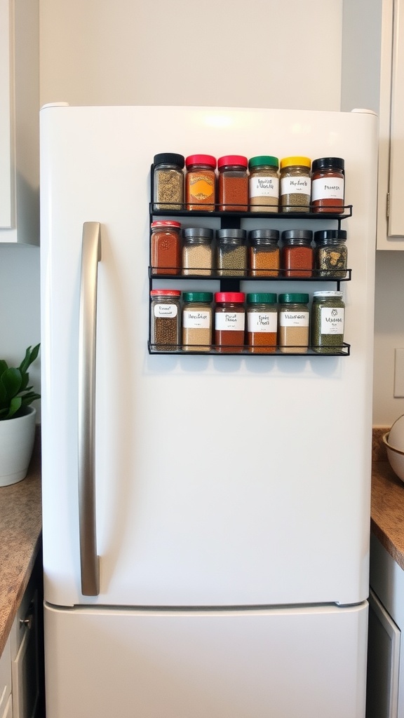 Magnetic spice rack attached to a refrigerator with various spice jars.