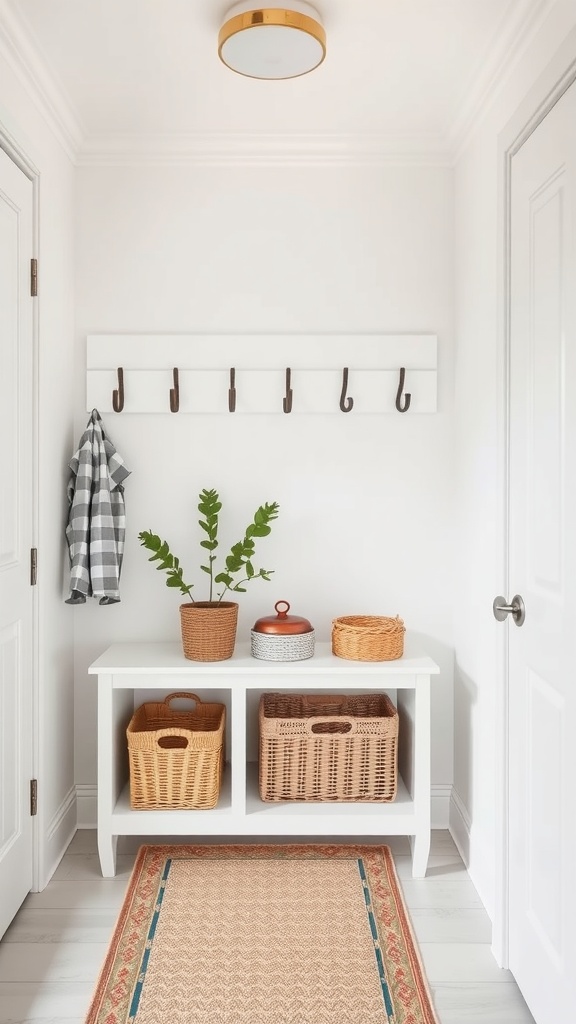A bright and organized entryway featuring a white bench with baskets and hooks for coats.