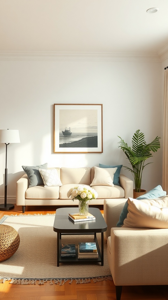 A minimalist living room with a sofa, coffee table, and decorative plant.