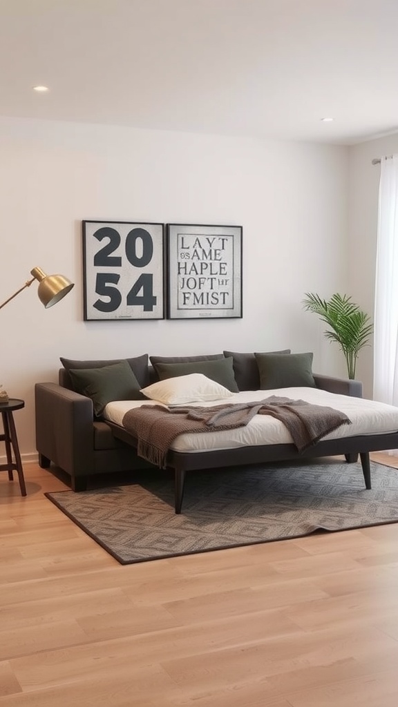 A stylish living room featuring a sofa bed, perfect for small spaces.