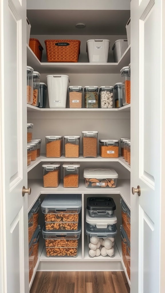 Organized pantry with clear containers and baskets on shelves.