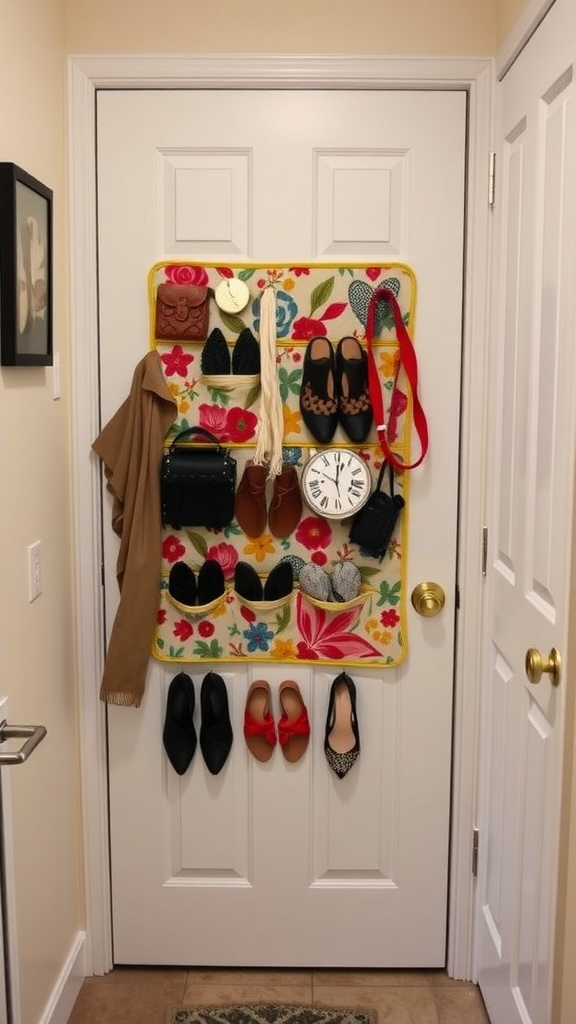 Colorful over-the-door organizer hanging on a door with shoes, bags, and accessories.