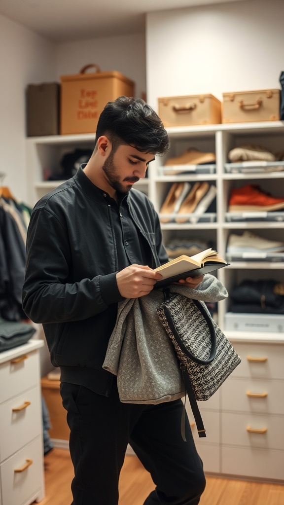 A young man assessing his belongings in a tidy room filled with organized storage.