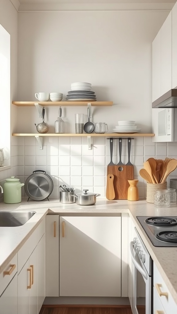 A minimalistic kitchen with open shelves displaying plates and utensils.