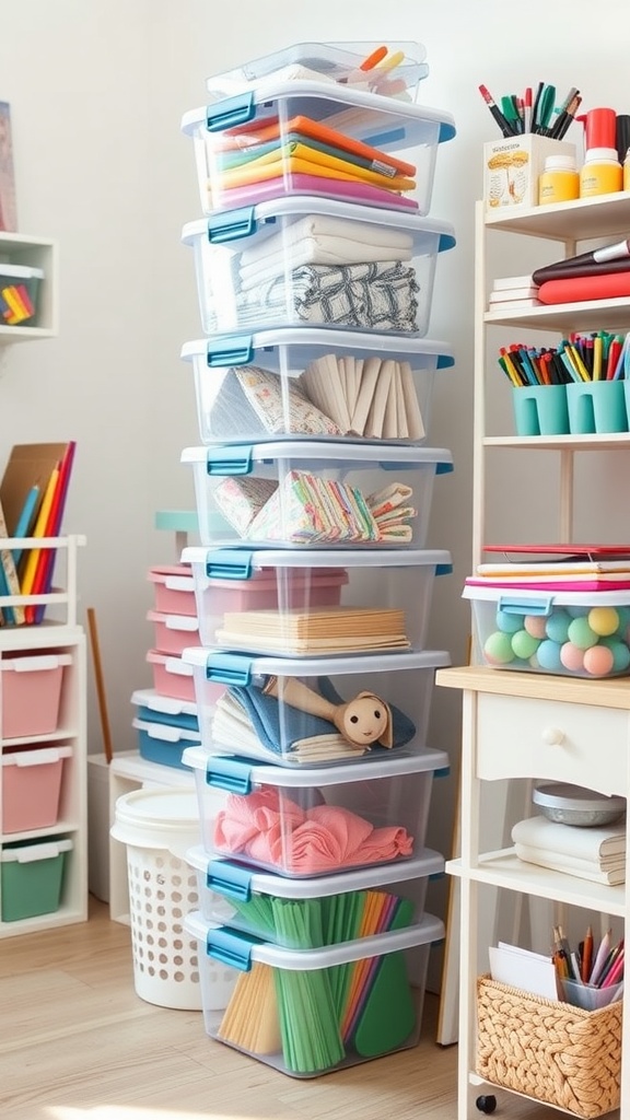 A tall stack of clear storage bins filled with colorful craft supplies.