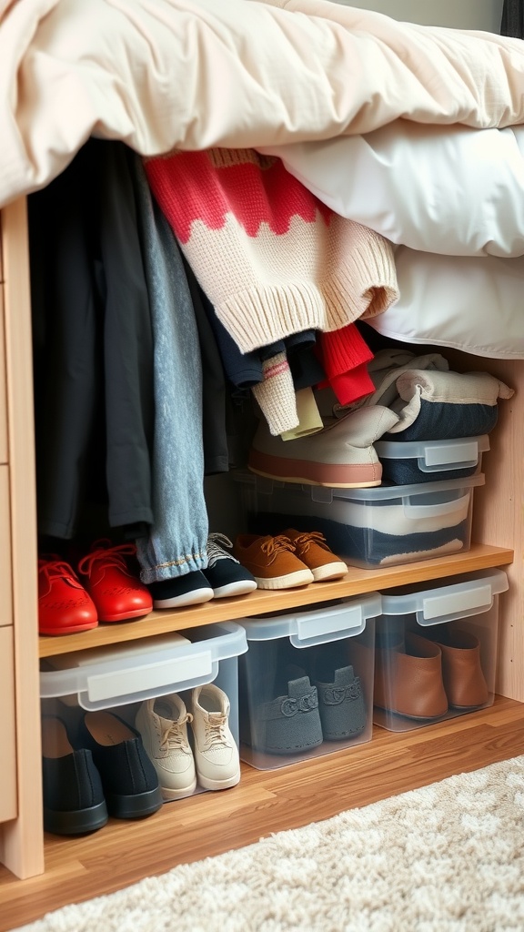A cozy bedroom scene showcasing under-bed storage with bins and neatly arranged shoes.