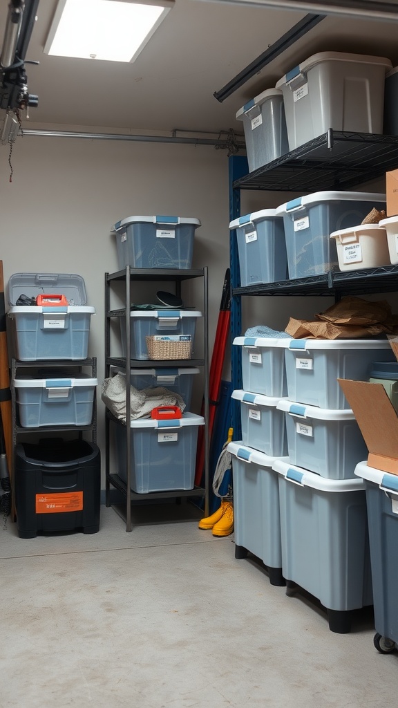 Organized storage area with clear bins on shelves.