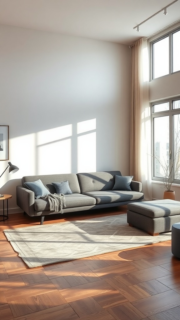 A modern living room featuring a gray sofa, a coffee table, and natural light streaming through large windows.