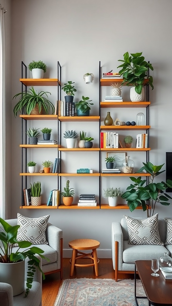 A stylish vertical wall shelving unit filled with plants and books, enhancing a cozy living space.