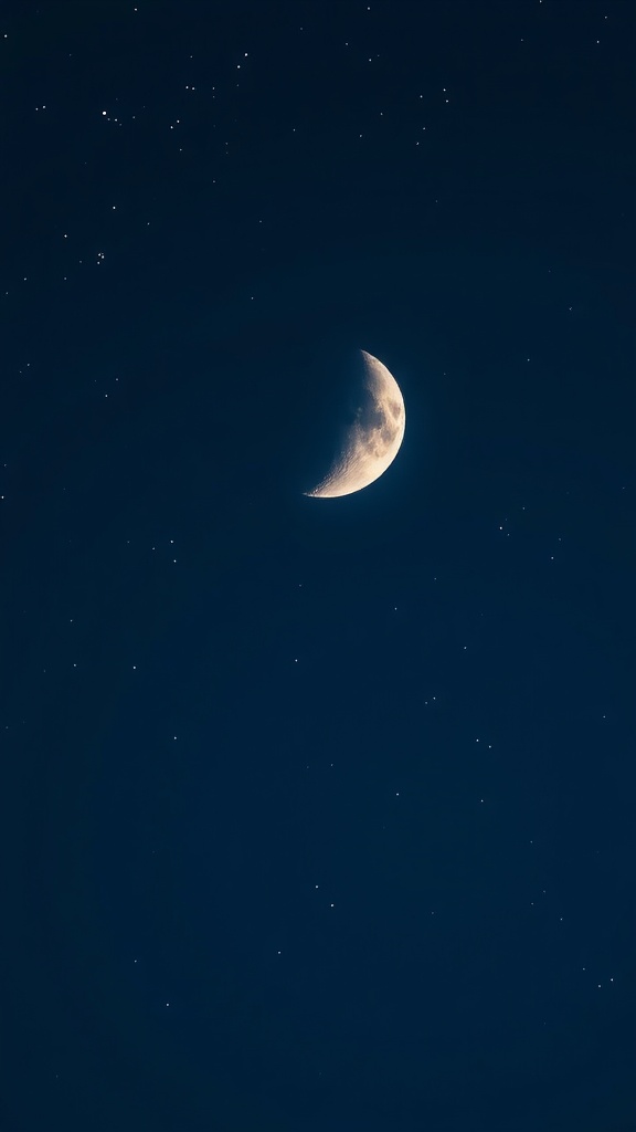A crescent moon set against a dark sky filled with stars.