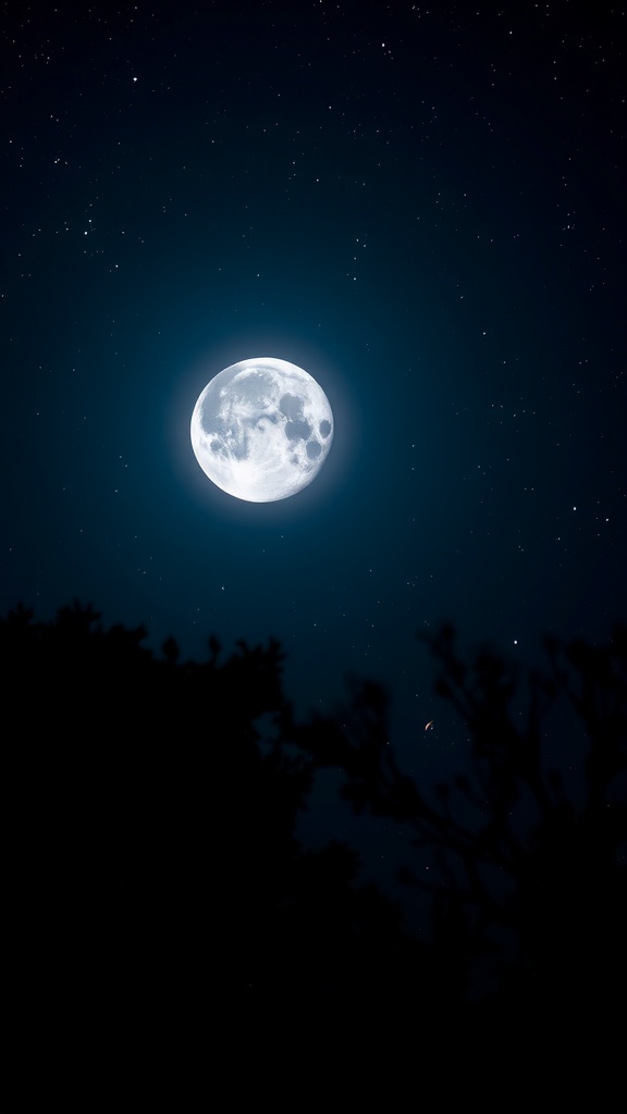 A bright full moon surrounded by stars in a night sky.