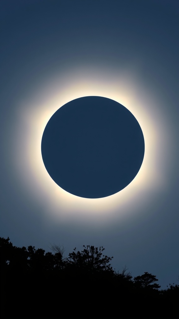 A solar eclipse showing a dark moon in front of a bright sun halo.