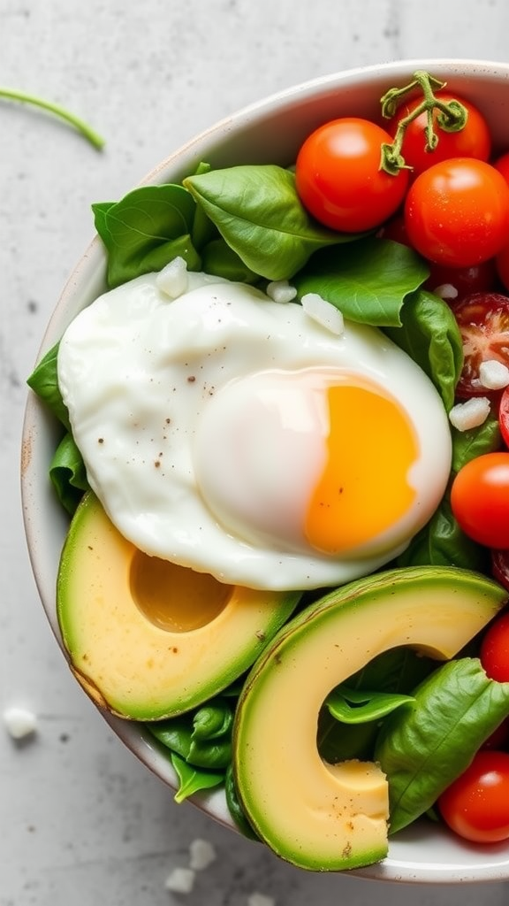 A bowl filled with spinach, avocado slices, cherry tomatoes, and a poached egg.
